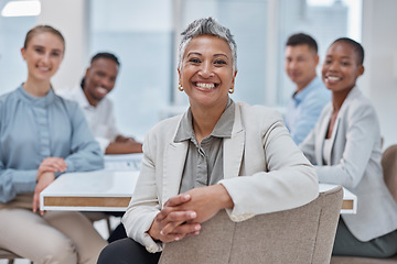 Image showing Portrait, woman and business people in a meeting, brainstorming and teamwork with a project, company development and collaboration. Staff, group and leader with discussion, cooperation and support