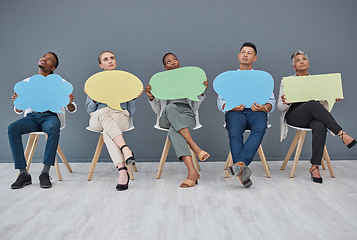 Image showing Thinking, office and business people with a speech bubble for social media, chat or contact information. Mockup, sitting and diversity of employees with a board for ideas, communication or opinion