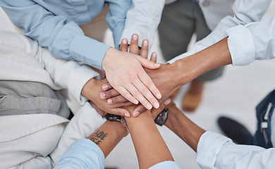 Image showing Hands stack, group teamwork and business people celebrate corporate society goals, synergy or agency meeting. Top view, collaboration and closeup team building support, mission motivation or trust