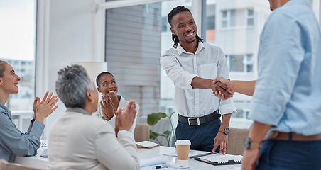 Image showing Handshake, meeting and business people in office for teamwork, collaboration and partnership. Corporate office, professional and happy workers shaking hands for agreement, b2b deal and thank you