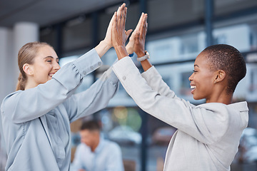 Image showing High five, partnership and company women celebrate business deal, success or corporate achievement. Diversity, administration workforce and excited team building support, cooperation or mission goals