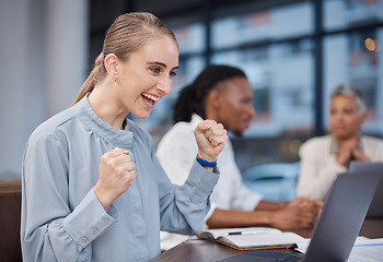 Image showing Business woman, winning and celebration of success in sales, deal and achievement of target or goals for startup. Happy, employee and excited for promotion, proposal or bonus from profit in trading