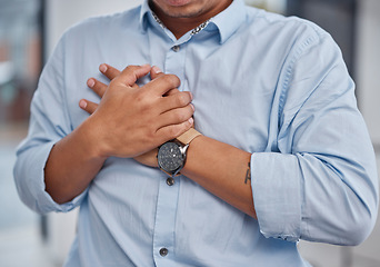Image showing Heart attack, pain and man holding chest in a office with medical, healthcare and emergency. Stress, business and male professional with anxiety and cardiovascular injury from corporate burnout