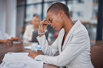 Image showing Stress, black woman and a headache from a marketing project, office and business burnout. Tired, sad and an African employee with a migraine from anxiety, mental health and mistake with data