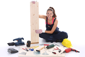 Image showing woman carpenter with work tools 