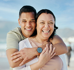 Image showing Portrait, hug and man with mother at beach happy, bond and relax in nature together. Love, smile and male face with mom the ocean for freedom, travel and adventure, trip or family holiday in Bahamas