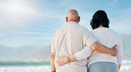 Image showing Space, love and back of old couple at beach for travel, support and summer vacation. Relax, bonding and retirement with senior man and woman hug for trust, health and marriage on banner mockup