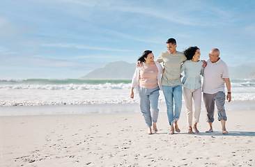 Image showing Love, mockup and a family walking on the beach together for summer vacation or holiday in nature. Sky, freedom and travel with senior people, son or daughter outdoor for summer bonding by the ocean