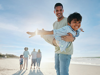 Image showing Beach, airplane and father with child and family in nature for freedom, fun and bond together at sea. Love, flying and excited kid with dad at the ocean for playing with grandparents on travel trip