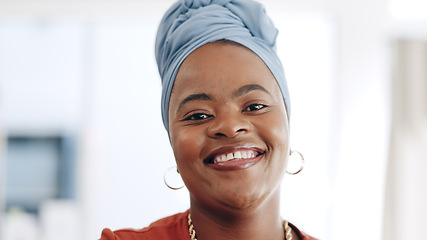 Image showing Happy, smile and face of business woman in office standing with confidence and leadership. Happiness, excited and portrait of professional African female employee with positive mindset in workplace.