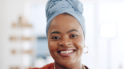 Image showing Happy, smile and face of business woman in office standing with confidence and leadership. Happiness, excited and portrait of professional African female employee with positive mindset in workplace.