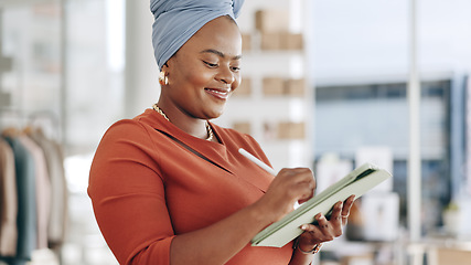 Image showing Black woman, tablet and writing schedule, planning or digital notes for marketing, research or advertising at office. Happy African American female working on touchscreen, mobile app or idea strategy