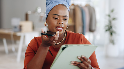 Image showing Phone call, office and business woman in discussion while doing research for a corporate project. Cellphone, professional and African female employee on a mobile conversation in the modern workplace.