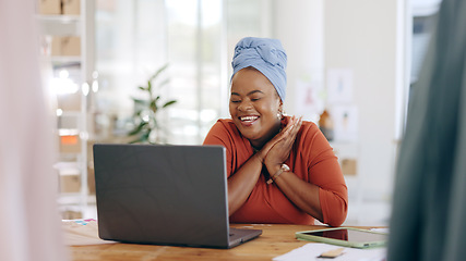 Image showing Black woman, laptop and celebration for business sale, promotion or good news at the office. Happy African American female celebrating bonus, winning or victory on computer at the workplace