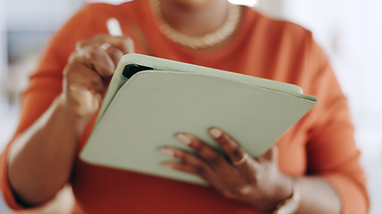 Image showing Woman, hands and tablet writing inventory checklist in fashion boutique for marketing, stock or quality check at office. Hand of female working on touchscreen, mobile app or strategy at the workplace