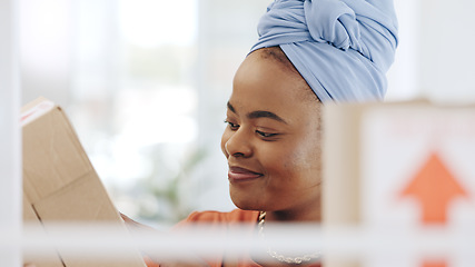 Image showing Black woman, laptop and typing in logistics for schedule delivery, order or ecommerce in fashion business. African American female working on computer in digital marketing for shipping information