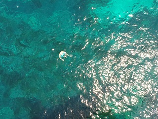 Image showing Above, swimming and a person in the ocean in summer for a beach vacation, travel or relax in the water. Nature, sunshine and a man in the sea for stress relief, holiday or happy with a drone view