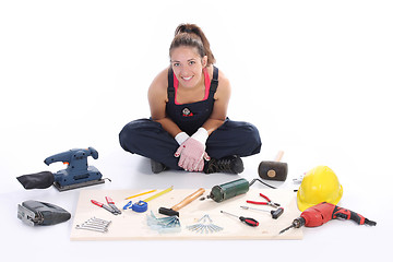 Image showing woman carpenter with work tools