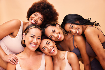 Image showing Beauty, diversity and portrait of women happy with makeup for cosmetic skincare isolated in studio brown background. Skin, aesthetic and young friends together for self care, dermatology and support