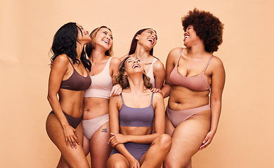 Image showing Portrait, diversity and women with beauty, funny or self love on a beige studio background. Model, friends or group with inclusion, solidarity or wellness with health, aesthetic or support with care