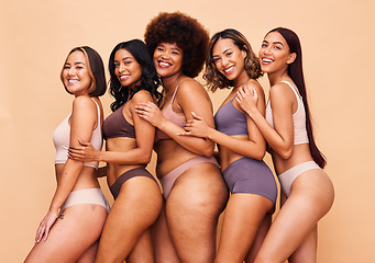 Image showing Body positive, diversity and portrait of women happy in studio for wellness, beauty and self love. Underwear campaign, natural and people on brown background for confidence, skincare and inclusion