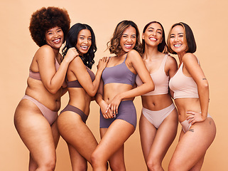 Image showing Self love, diversity and portrait of women in studio in underwear for wellness, beauty and body positive. Lingerie campaign, natural and people on brown background for pride, skincare and inclusion