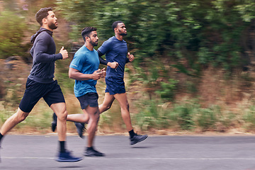 Image showing Running, fitness and men in a road for training, speed and energy, health and cardio routine in nature. Sports, diversity and man friends on practice run for competition, workout or endurance goal