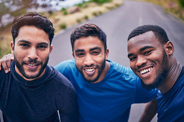 Image showing Fitness, selfie and men friends in a road happy for training, exercise and bond in nature. Sports, portrait and group of athlete people smile for social media, blog or health podcast profile picture