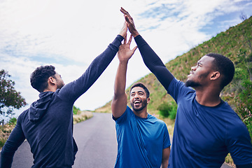 Image showing High five, men and outdoor with fitness, workout and runner training on mountain path. Excited, friends and motivation with wellness success and sports exercise of people together with support