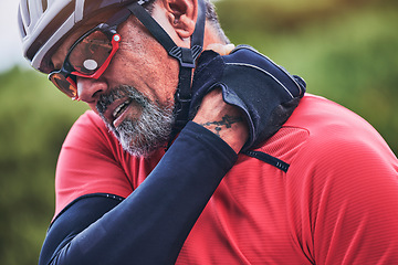 Image showing Man, cyclist and neck injury in sports accident, emergency or broken bone and fitness in nature. Closeup of male person or athlete with sore pain, ache or joint inflammation from cycling or fall