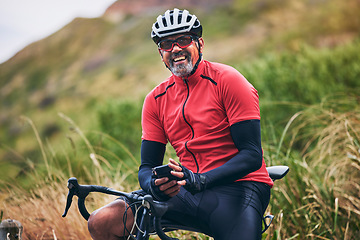 Image showing Fitness, cycling and phone with portrait of man on bike in nature for sports, training and social media. Contact, communication and health with mature person in mountains for energy, freedom and app