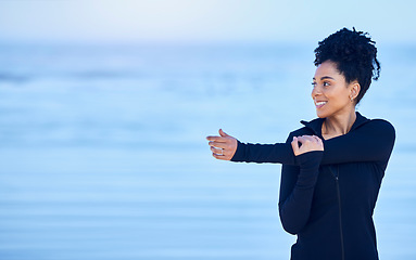 Image showing Woman, stretching and fitness on beach mockup and thinking of running, cardio health and training in nature. Athlete, runner or african person for warm up exercise, workout ideas and sports by ocean