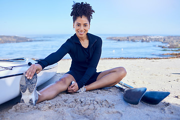 Image showing Beach portrait, rowing and happy woman stretching body for outdoor fitness, sports training and athlete start workout. Legs muscle care, smile and relax nature person doing warm up sitting on sand