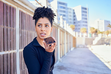 Image showing Phone, voice recognition and young woman recording an audio text message for outdoor exercise. Technology, communication and female person on a mobile conversation on speaker after outside workout.