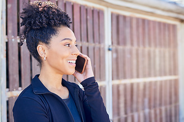 Image showing Phone call, communication and young woman outdoor talking with smile and happiness on technology. Fitness, cellphone and female athlete on a mobile conversation after an outside workout or exercise.