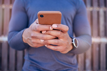 Image showing Communication, phone and closeup of hands typing a text message on social media or mobile app. Technology, online and man scroll or chatting on the internet for blog or website with a cellphone.