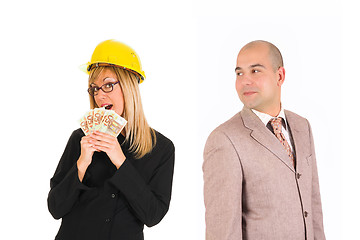 Image showing businesswoman with earnings and businessman 