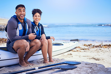 Image showing Couple, happy and outdoor for kayak or travel at a beach with a partner for teamwork. A man and woman with a canoe for paddle sports, water adventure and vacation or freedom with space in nature