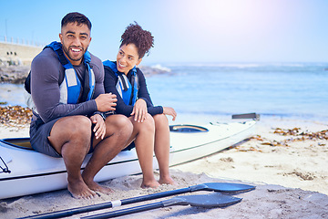 Image showing Couple, portrait and outdoor for kayak or travel at a beach with a partner for teamwork. A happy man and woman with a canoe for sports, water adventure and vacation or freedom with space in nature