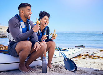 Image showing Kayak, couple and eating banana at beach, funny and bonding together on mockup space. Fruit, laugh and man and woman on boat at ocean, canoeing sport and happy with nutrition, fitness or healthy body