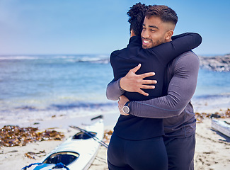 Image showing Kayak, sports and fitness couple hug at a beach for training, bond and workout in nature together. Kayaking, love and man embrace woman at the sea for rowing adventure, workout or fun weekend hobby