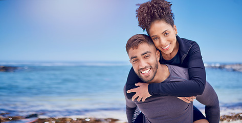 Image showing Portrait, piggy back and beach with couple, love and adventure with fitness, travel and mockup space. Face, people and man carrying woman with bonding, seaside or loving together with summer vacation