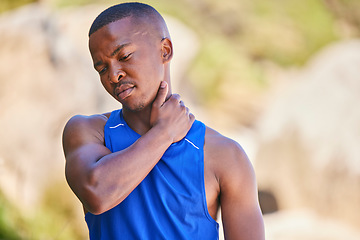 Image showing Neck pain, sport and black man outdoor, accident and fitness exercise in training workout. Body, injury and arthritis of athlete, muscle problem or fibromyalgia in medical emergency for osteoporosis