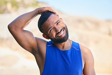 Image showing Happy man, portrait and stretching neck in fitness on beach for workout, exercise or outdoor training in sports. Muscular, athlete or sporty male person smile in body warm up on ocean coast in nature