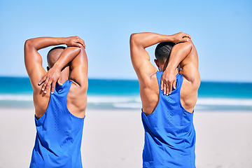 Image showing Man, friends and stretching back in fitness on beach for workout, exercise or outdoor training in sports. Rear view of muscular, athlete or male person in body warm up together on the ocean coast