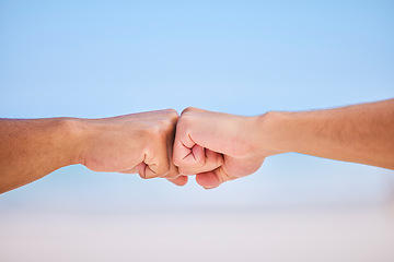 Image showing Closeup, people and hands with fist bump, teamwork and partnership with cooperation, emoji and trust. Zoom, gesture and community with collaboration, support, motivation and solidarity with success