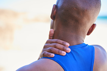 Image showing Neck pain, back and man outdoor, accident and fitness exercise in training workout. Spine, sports injury and arthritis of athlete, muscle problem or fibromyalgia in medical emergency for osteoporosis