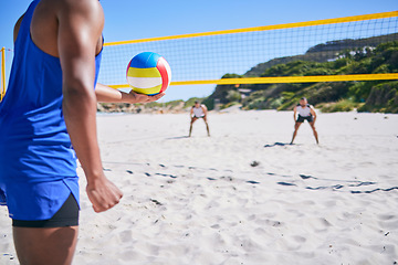 Image showing Beach volleyball, sports and person serve ball, play competition and match training for fitness challenge. Summer game, rival athlete and player workout, exercise and ready to start competitive game