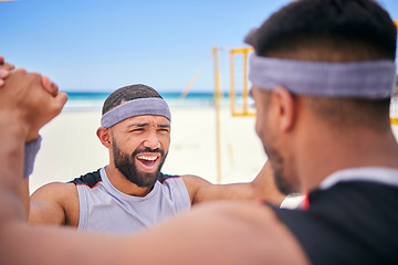 Image showing Happy man, volleyball and celebration on beach in winning, victory or match point in fitness, exercise or motivation. Excited male person in team sports, game or achievement in success on ocean coast