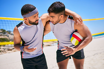 Image showing Beach, volleyball team and men for strategy, game plan and prepare for competition. Sports, fitness and athletes talking in huddle for training, exercise and workout for match, challenge and practice